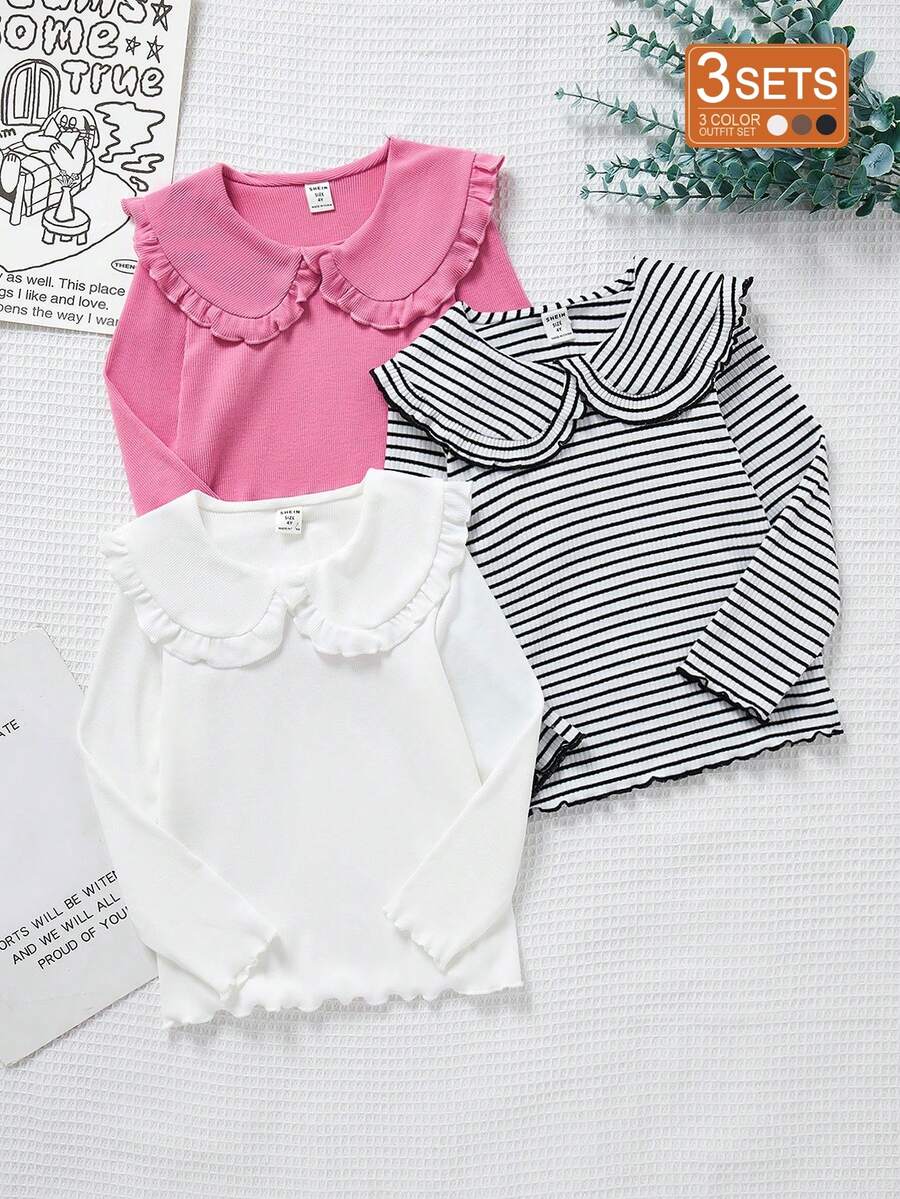 SHEIN 3pcs Young Girl Casual Fairy Cowgirl Comfortable Warm T-Shirt Set Autumn/Winter Holiday Summer Travel 3rd Birthday Pink Black White