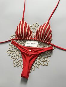 SHEIN Swim 春夏女款新款復古紅白條紋紋理面料掛脖綁帶比基尼上衣與丁字褲下著，背部抓皺設計附金屬標牌，2件式比基尼套裝，適合嘉年華音樂節、海灘派對 - 彩色 - 查看 3