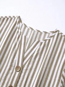 SHEIN 女款梭織條紋休閒襯衫，適合日常、辦公、度假、早午餐，秋季穿著，藍白條紋 - 綠色 - 查看 5