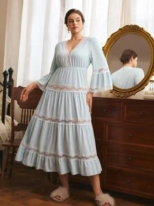 Côtesoire Plus Size Women's Contrast Lace V-Neck Long Sleeve Elegant Nightgown - Baby Blue - View 3