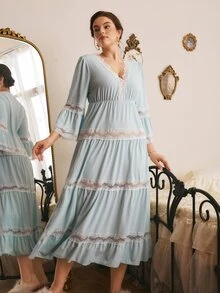 Côtesoire Plus Size Women's Contrast Lace V-Neck Long Sleeve Elegant Nightgown - Baby Blue - View 1