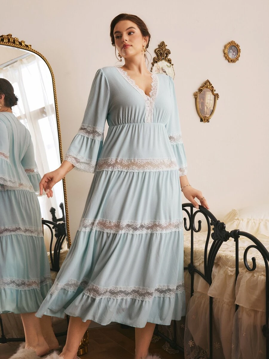 Côtesoire Plus Size Women's Contrast Lace V-Neck Long Sleeve Elegant Nightgown - Baby Blue - View 1