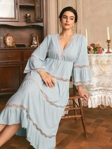 Côtesoire Plus Size Women's Contrast Lace V-Neck Long Sleeve Elegant Nightgown - Baby Blue - View 6