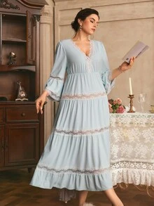 Côtesoire Plus Size Women's Contrast Lace V-Neck Long Sleeve Elegant Nightgown - Baby Blue - View 5