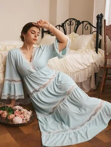 Côtesoire Plus Size Women's Contrast Lace V-Neck Long Sleeve Elegant Nightgown - Baby Blue - View 4