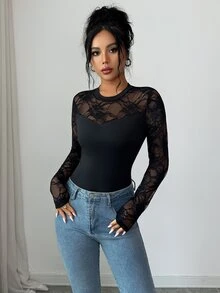 SHEIN Elenzya Women's Lace Patchwork Fitted Versatile Daily Wear Bodysuit - Black - View 8