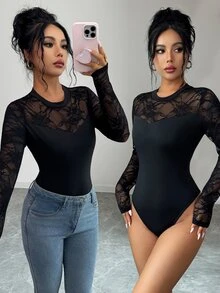 SHEIN Elenzya Women's Lace Patchwork Fitted Versatile Daily Wear Bodysuit - Black - View 1