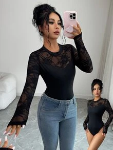 SHEIN Elenzya Women's Lace Patchwork Fitted Versatile Daily Wear Bodysuit - Black - View 3