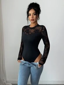 SHEIN Elenzya Women's Lace Patchwork Fitted Versatile Daily Wear Bodysuit - Black - View 4