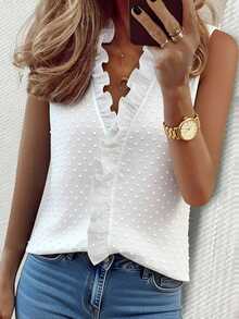 Breezaya Women's Sleeveless Ruffle Textured Casual Romantic Elegant Blouse Date Work White Polka Dot Summer - White - View 7