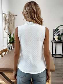 Breezaya Women's Sleeveless Ruffle Textured Casual Romantic Elegant Blouse Date Work White Polka Dot Summer - White - View 2