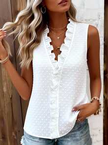 Breezaya Women's Sleeveless Ruffle Textured Casual Romantic Elegant Blouse Date Work White Polka Dot Summer - White - View 1