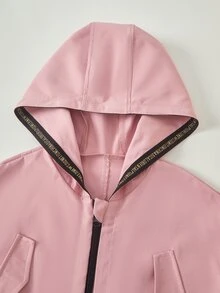 SHEIN Elladie kids 大童女孩長袖拉鍊連帽外套（大號）粉色收腰字母裝飾運動休閒夾克，可調節腰圍口袋外套，秋季服飾 - 粉色 - 查看 6