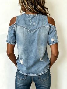 EMERY ROSE New Denim Effect Cold Shoulder Casual Sexy Versatile Regular Top For Women Everyday Navy Blue Summer - Blue - View 2