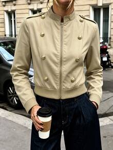 valorelle valorelle Women's Solid Color Long Sleeve Zipper & Button Design Casual Jacket - Khaki - View 1