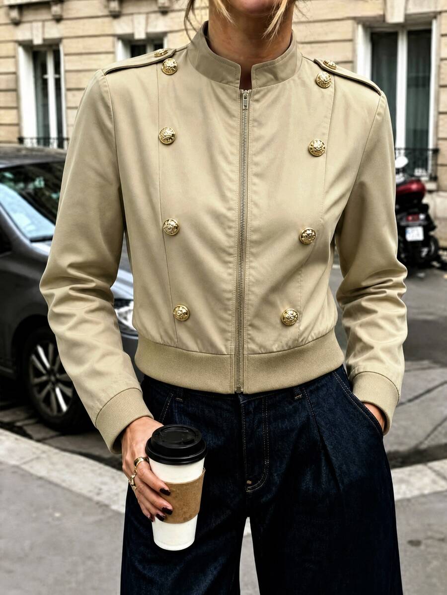 valorelle valorelle Women's Solid Color Long Sleeve Zipper & Button Design Casual Jacket - Khaki - View 1