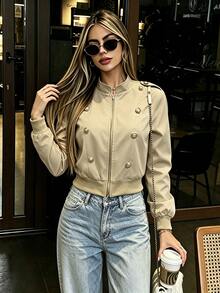 valorelle valorelle Women's Solid Color Long Sleeve Zipper & Button Design Casual Jacket - Khaki - View 3