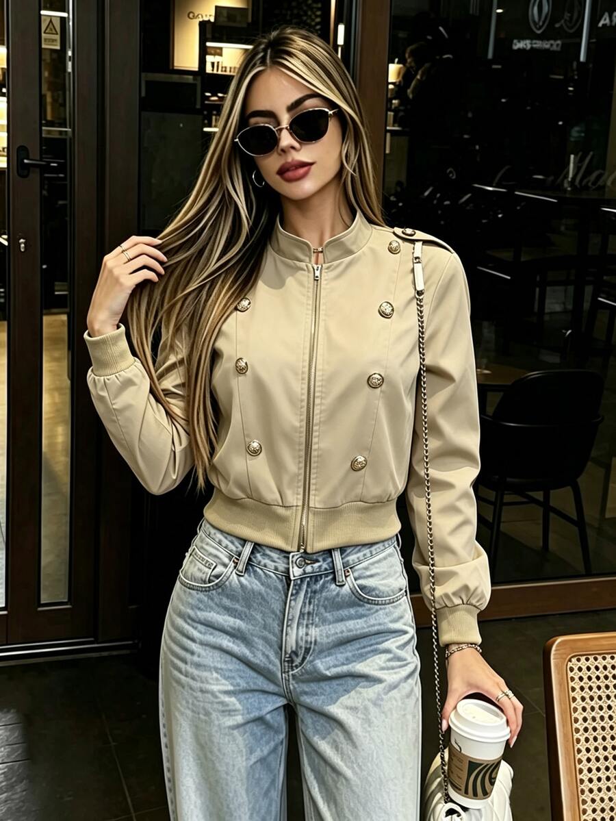 valorelle valorelle Women's Solid Color Long Sleeve Zipper & Button Design Casual Jacket - Khaki - View 1