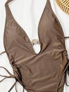 SHEIN Swim 纯色深V领系带前褶饰金属装饰休闲沙滩连体泳衣 - 棕色 - 查看 4