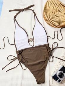 SHEIN Swim 纯色深V领系带前褶饰金属装饰休闲沙滩连体泳衣 - 棕色 - 查看 2