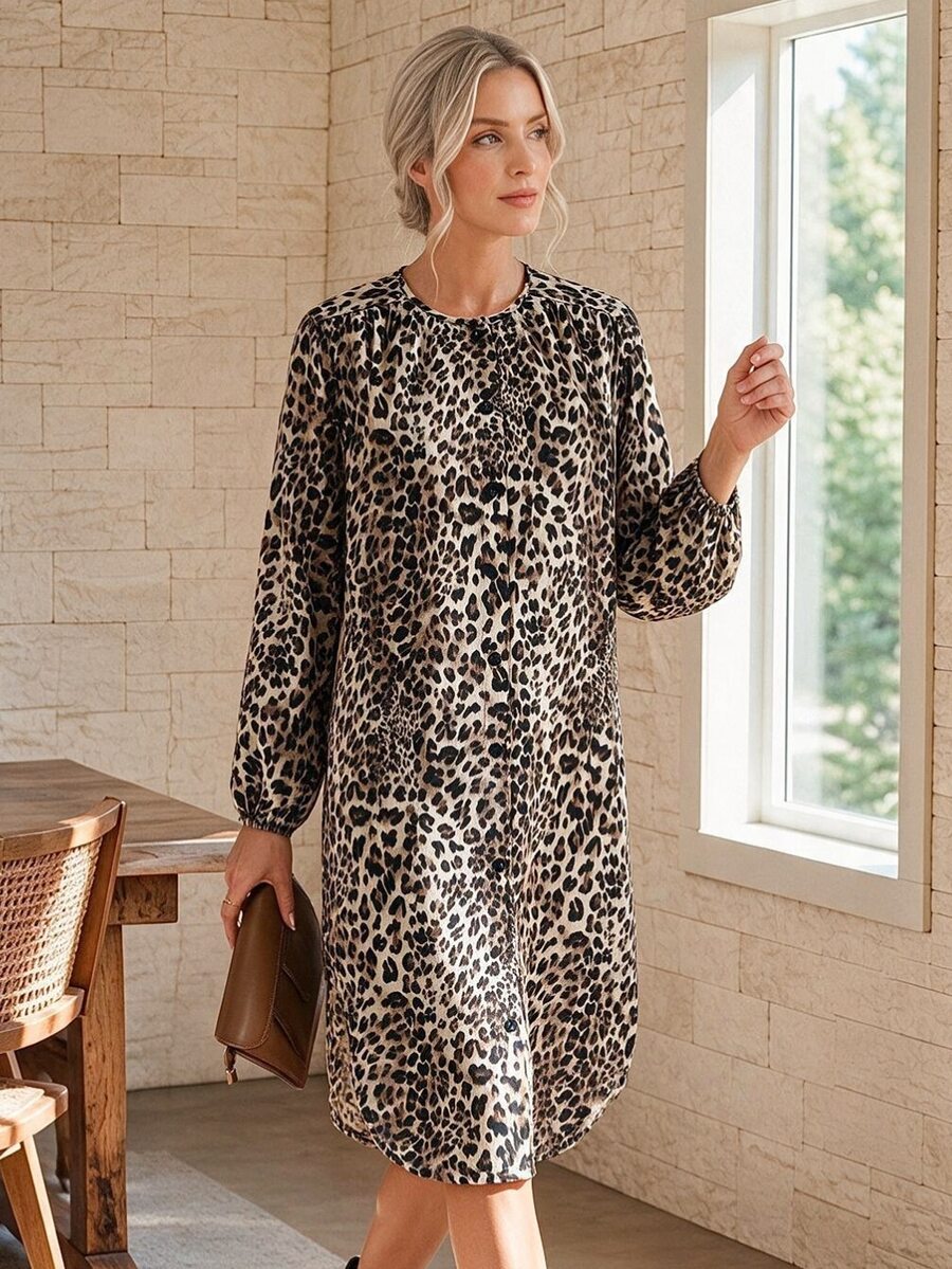 EMERY ROSE Women's Fashion Leopard Print Button-Up Fall Clothes For Women Winter Dresses For Women Floral Dress Fall/Winter Dress - Multicolor - View 1