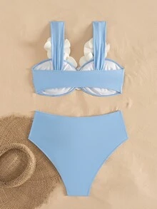SHEIN Swim 女款比基尼泳衣，藍白配色 3D 花卉無鋼圈優雅針織兩件套，夏季休閒海灘度假泳池派對適用 - 彩色 - 查看 3