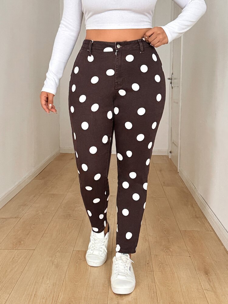 Jeanoix Plus Size Women Polka Dot Print Skinny Denim Leggings - Multicolor - View 4