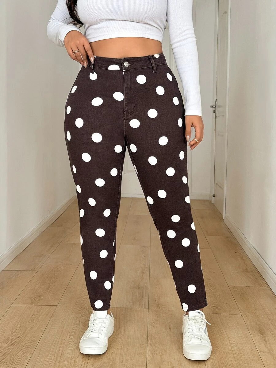 Jeanoix Plus Size Women Polka Dot Print Skinny Denim Leggings - Multicolor - View 1