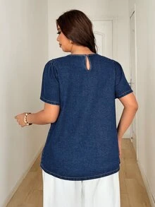 SHEIN Plus Size Women Fashion Casual Versatile Washed Denim Top - Dark Wash - View 2