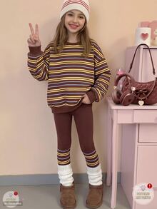 1 Set Big Girls Fall Outfits Brown Striped Crew Neck Long Sleeve Sweatshirt & Leggings Set, Fall Clothes Winter - Multicolor - View 5