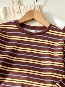 1 Set Big Girls Fall Outfits Brown Striped Crew Neck Long Sleeve Sweatshirt & Leggings Set, Fall Clothes Winter - Multicolor - View 7