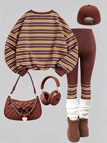 1 Set Big Girls Fall Outfits Brown Striped Crew Neck Long Sleeve Sweatshirt & Leggings Set, Fall Clothes Winter - Multicolor - View 3