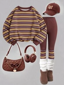 1 Set Big Girls Fall Outfits Brown Striped Crew Neck Long Sleeve Sweatshirt & Leggings Set, Fall Clothes Winter - Multicolor - View 6