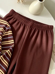 1 Set Big Girls Fall Outfits Brown Striped Crew Neck Long Sleeve Sweatshirt & Leggings Set, Fall Clothes Winter - Multicolor - View 8