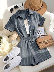Franclia Women's Striped Short Sleeve Single-Breasted Shirt And Shorts Casual 2 Pieces Set - Black - View 3