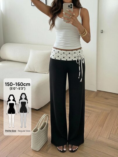 SHEIN PETITE Women's Summer New Black And White Polka Dot Long Pants, Elegant, Sexy And Minimalist Fashion Style, Suitable For Casual, Vacation, Commute, Date And Dinner Occasions, Showcasing Modern Style.