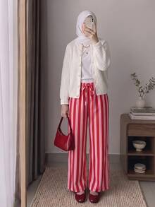 SHEIN PETITE بنطلون نسائي فضفاض كاجوال برباط سحب مخطط بساق واسعة - متعدد الألوان - مشاهدة 11