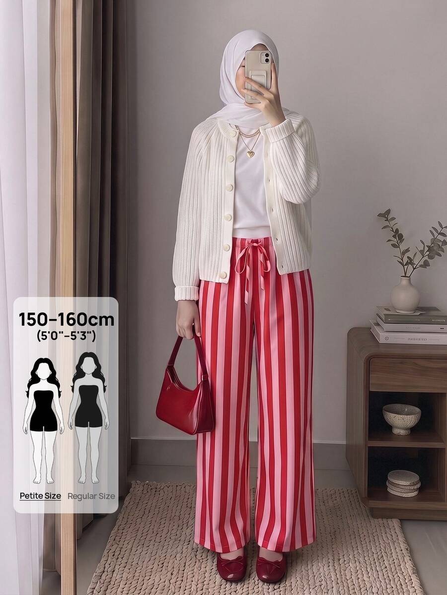 SHEIN PETITE بنطلون نسائي فضفاض كاجوال برباط سحب مخطط بساق واسعة - متعدد الألوان - مشاهدة 1