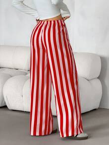 SHEIN PETITE بنطلون نسائي فضفاض كاجوال برباط سحب مخطط بساق واسعة - متعدد الألوان - مشاهدة 2
