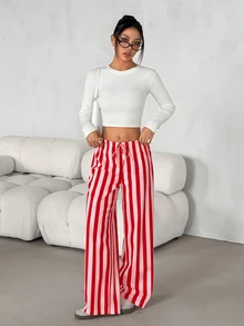 SHEIN PETITE بنطلون نسائي فضفاض كاجوال برباط سحب مخطط بساق واسعة - متعدد الألوان - مشاهدة 4
