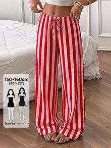 SHEIN PETITE بنطلون نسائي فضفاض كاجوال برباط سحب مخطط بساق واسعة - متعدد الألوان - مشاهدة 9
