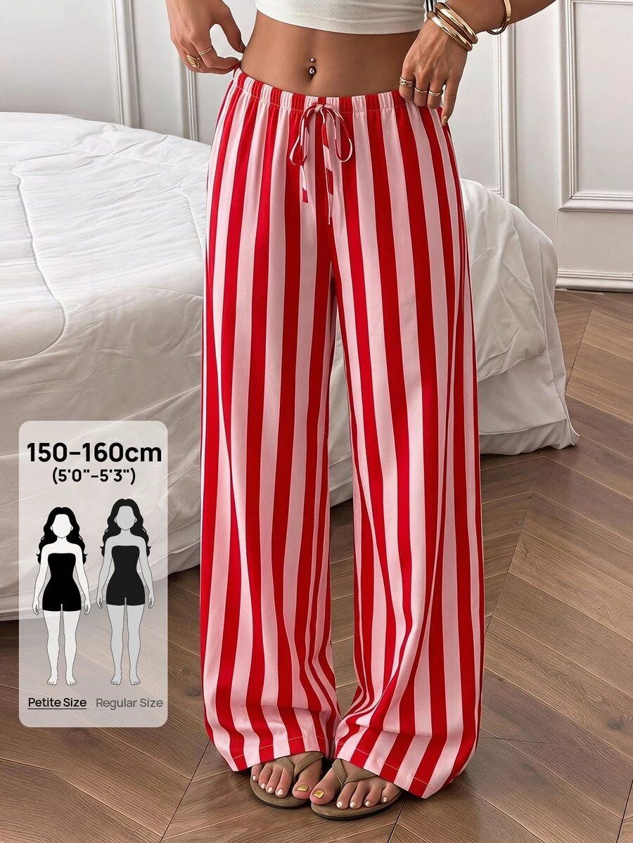 SHEIN PETITE Women's Fashion Casual Loose Drawstring Striped Wide Leg Pants - Multicolor - View 1