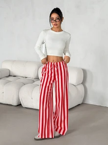 SHEIN PETITE بنطلون نسائي فضفاض كاجوال برباط سحب مخطط بساق واسعة - متعدد الألوان - مشاهدة 3
