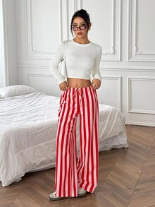 SHEIN PETITE بنطلون نسائي فضفاض كاجوال برباط سحب مخطط بساق واسعة - متعدد الألوان - مشاهدة 8