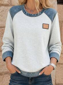 EMERY ROSE Women's Color Block Round Neck Long Sleeve T-Shirt - Multicolor - View 3