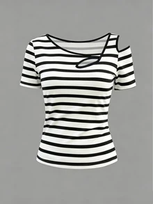 Selamara Women's Casual Colorblock Striped Asymmetrical Shoulder Short Sleeve Top, Summer - Black and White - View 4