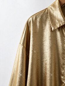 Comfylo Curve Plus Size Women's Elegant Frenchy Yellow Metallic Fabric Shirt, Autumn Drop Shoulder Long Sleeve Single-Breasted Loose Shirt Birthday Formal - Gold - View 6