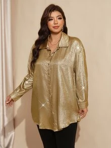 Comfylo Curve Plus Size Women's Elegant Frenchy Yellow Metallic Fabric Shirt, Autumn Drop Shoulder Long Sleeve Single-Breasted Loose Shirt Birthday Formal - Gold - View 11
