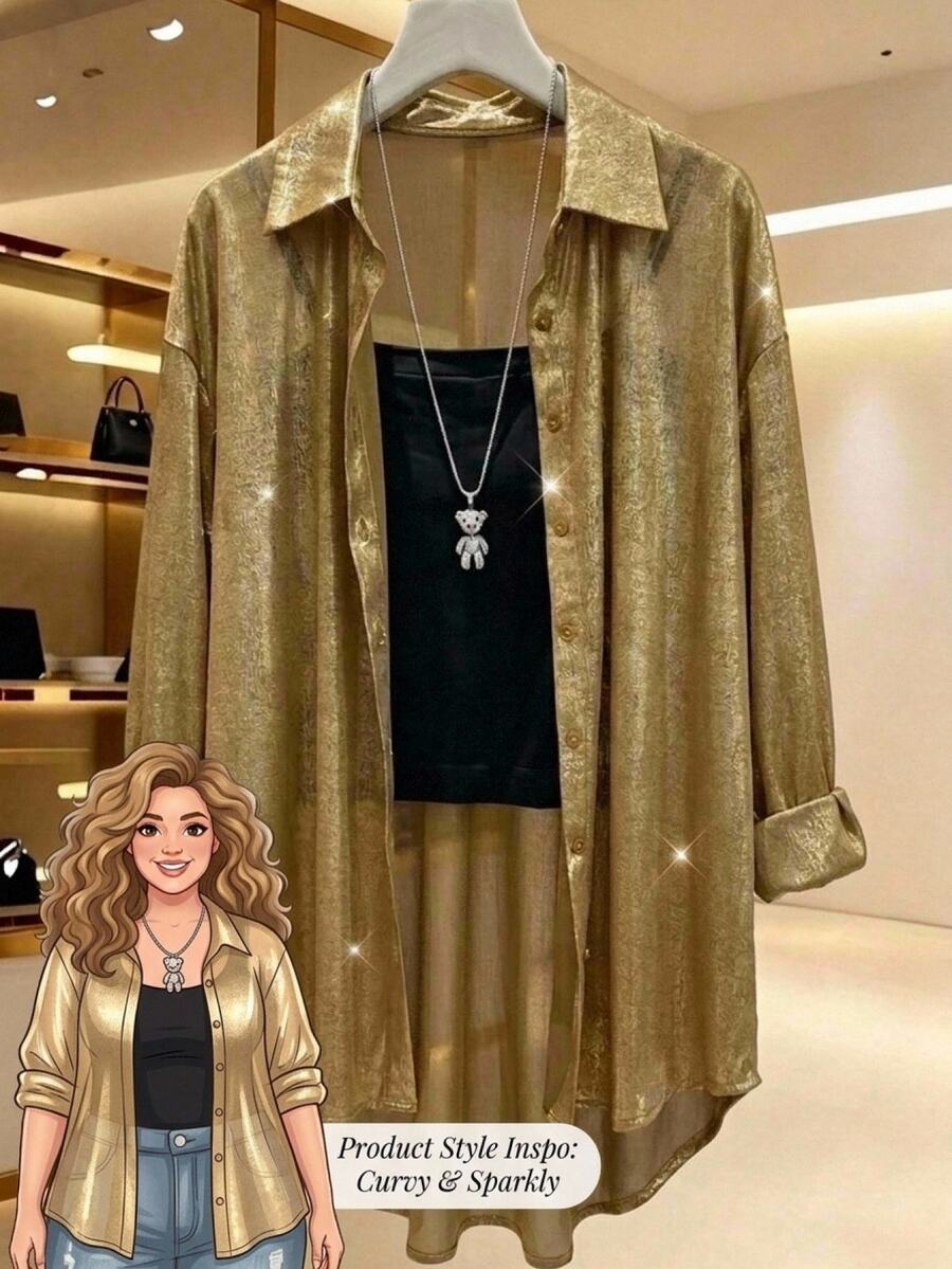 Comfylo Curve Plus Size Women's Elegant Frenchy Yellow Metallic Fabric Shirt, Autumn Drop Shoulder Long Sleeve Single-Breasted Loose Shirt Birthday Formal