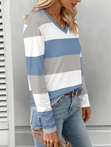 EMERY ROSE Kaos Wanita Leher V, Atasan Motif Garis-garis Elegan, Desain Pola Klasik, Serbaguna, Cocok untuk Pakaian Sehari-hari dan Aktivitas Luar Ruangan, Desain Grafis - MultiWarna - View 4